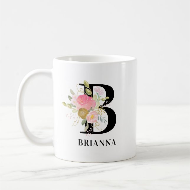 Mug Lettre Fleurie Monogramme Rose et Or (Gauche)