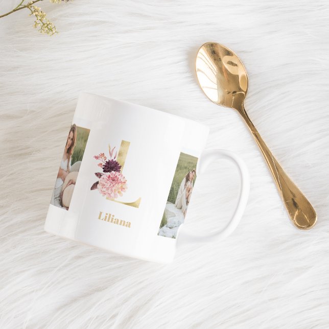 Mug LETTRE FLEURS D'OR MODERNE L | Deux monogrammes ph (Créateur téléchargé)