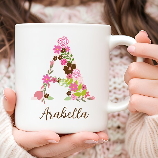 Mug Lettre florale A Monogramme personnalisé (Personalized Monogram Floral Letter A Coffee Mug)