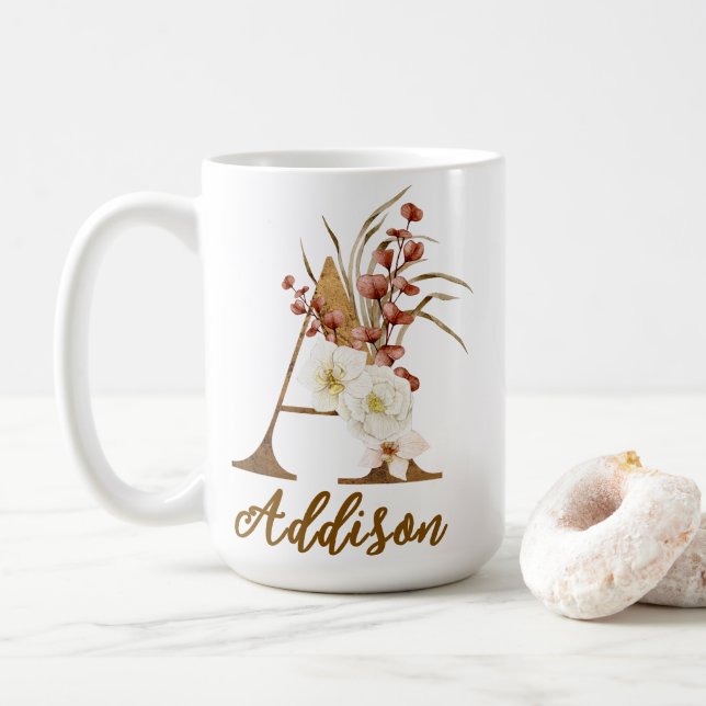 Mug Lettre florale boho A Monogramme Cadeau de mariage (Avec donut)