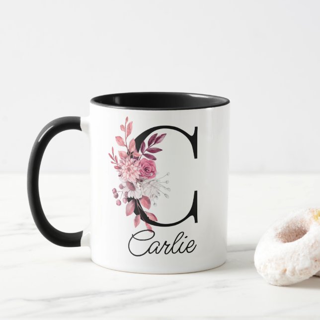 Mug LETTRE Florale C Rose DUSTY Mauve (Avec donut)