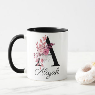 Mug Lettre florale Dusty Rose Mauve A Monogramme