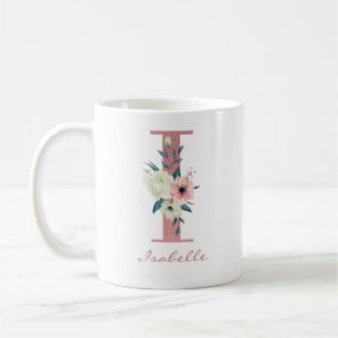 Mug Lettre florale élégante I Bouquet rose et ivoire