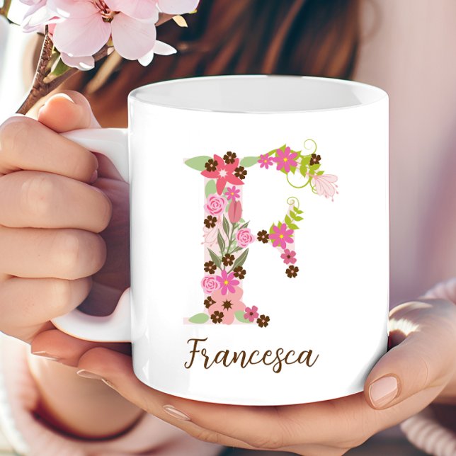 Mug Lettre florale F monogramme personnalisé (Personalized Monogram Floral Letter F Coffee Mug)
