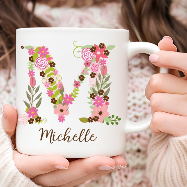 Mug LETTRE Florale M MONGRAPHIQUE PERSONNELLE (Personalized Monogram Floral Letter M Coffee Mug)