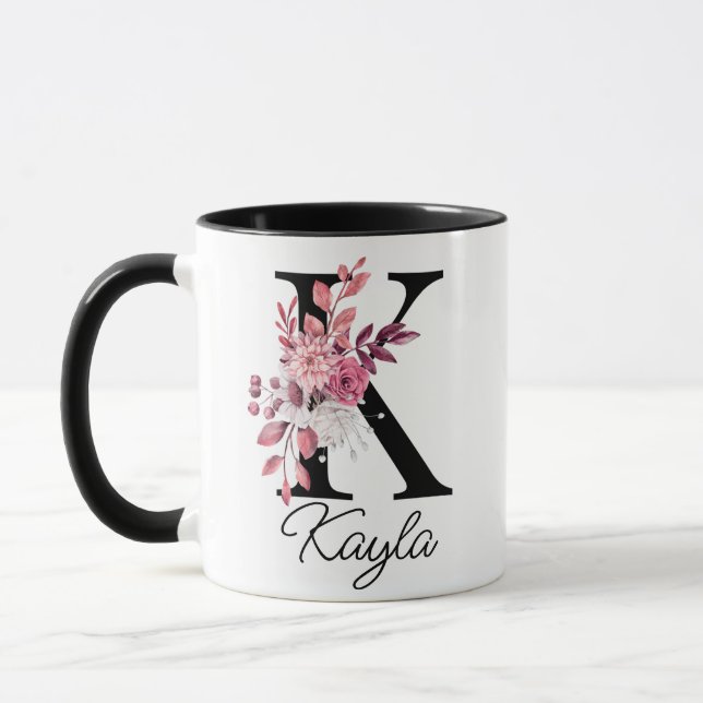 Mug Lettre florale mauve Rose Dusté K Monogramme initi (Gauche)