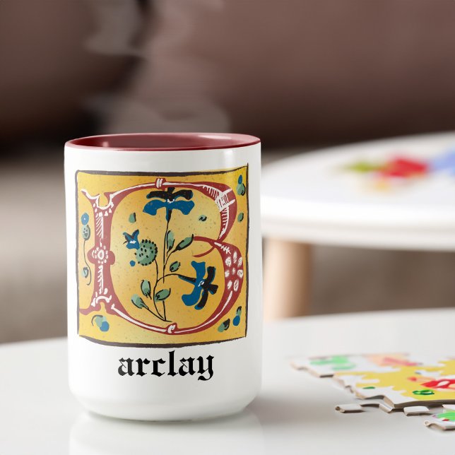 Mug Lettre Florale médiévale illuminée B Monogramme Mu (Créateur téléchargé)