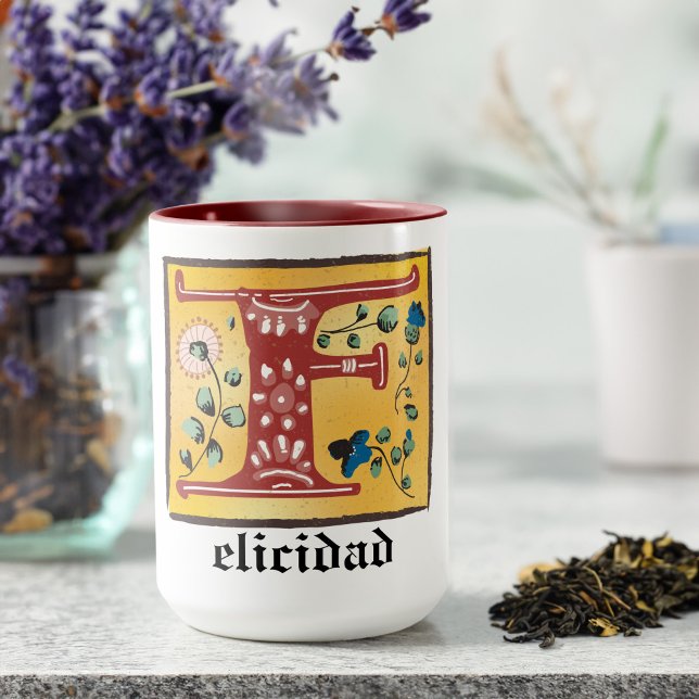 Mug Lettre Florale médiévale illuminée F Monogramme (Créateur téléchargé)