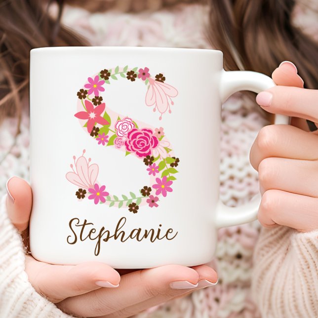 Mug LETTRE Florale MONGRAPHIQUE S PERSONNALISÉE (Personalized Monogram Floral Letter S Coffee Mug)