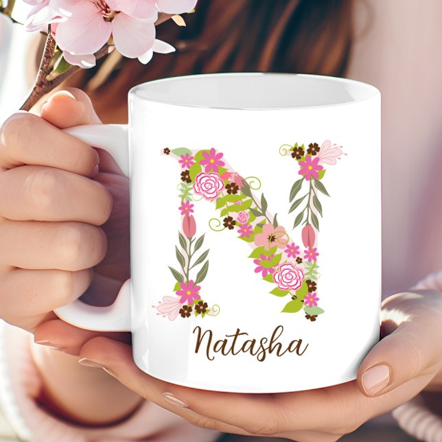 Mug Lettre florale monographique N personnalisée (Personalized Monogram Floral Letter N Coffee Mug)