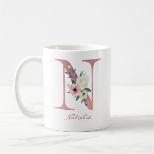 Mug Lettre florale N initiale - Bouquet rose et ivoire