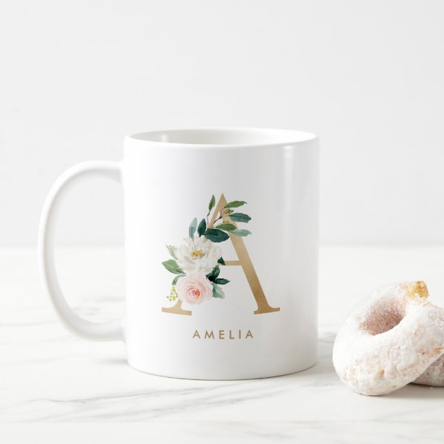 Mug Lettre Florale Pastel Peony A Gold Foil Monogramme (Avec donut)