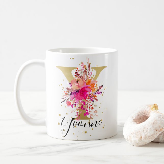 Mug LETTRE FLORALE PLEINE CHAUDE Y MONogramme (Avec donut)