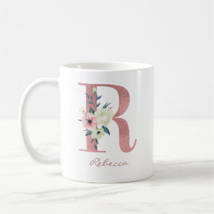 Mug Lettre florale R Initial - Bouquet rose et ivoire