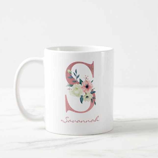 Mug LETTRE Florale S INITIALE - Bouquet rose et ivoire (Gauche)