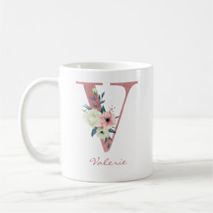 Mug Lettre Florale V Initial - Bouquet rose et ivoire