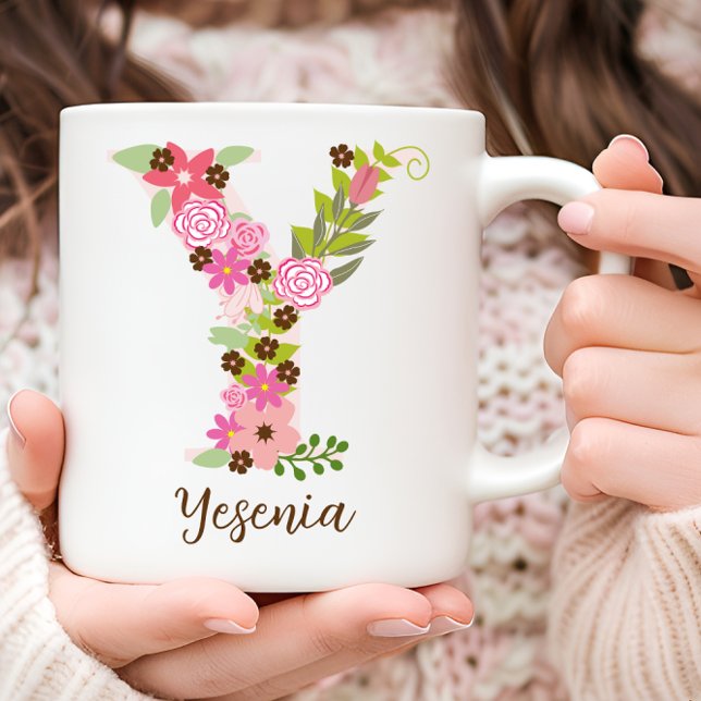 Mug LETTRE Florale Y MONGRAPHIQUE PERSONNALISÉE (Personalized Monogram Floral Letter Y Coffee Mug)