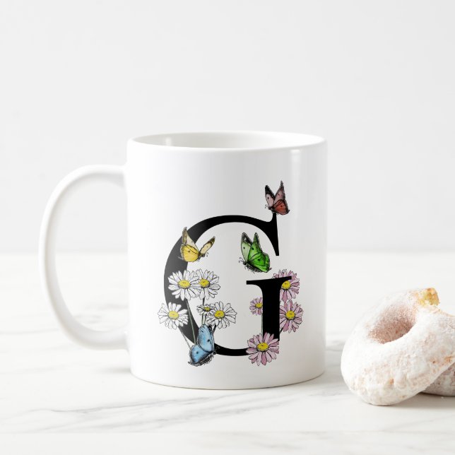 Mug Lettre G Aquarelle Botanique Papillon Monogramme (Avec donut)