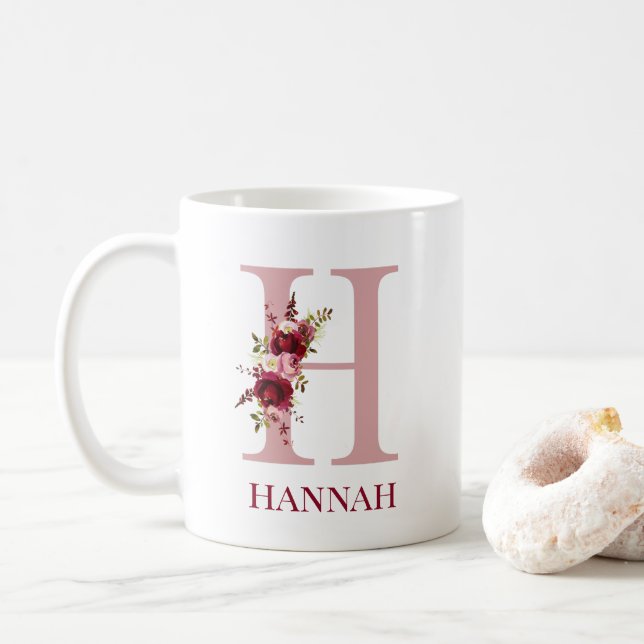 Mug Lettre H Floral Burgundy Blush (Avec donut)