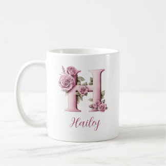 Mug Lettre H Floral Rose Élégante Personnalisée