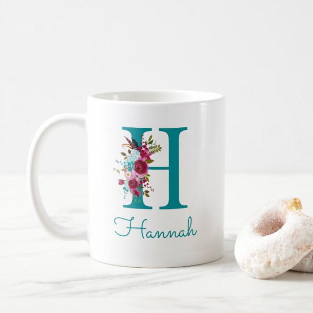 Mug Lettre H Floral Rose et Sarcelle (Avec donut)