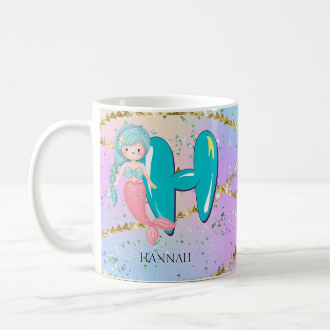 Mug Lettre H Monogramme Aquarelle mignonne Sirène (Gauche)