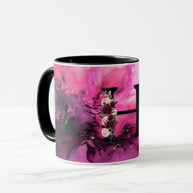 Mug Lettre H Monogramme en Marbre Rose et Violet (Devant gauche)