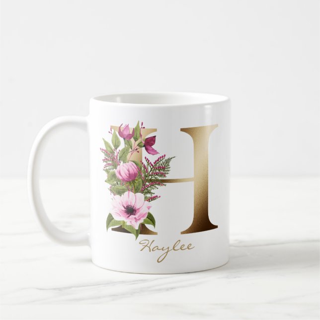 Mug Lettre H Monogramme or | Flore rose magenta (Gauche)