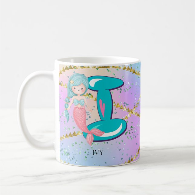 Mug Lettre I Monogramme Aquarelle mignonne Sirène (Gauche)