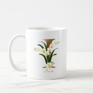 Mug Lettre I Monogramme d'or Orchidées florales blan