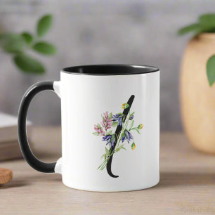 Mug Lettre " I " Monogramme noir Script Floral