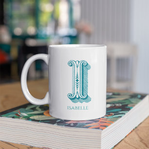 Mug Lettre I Monogramme Turquoise Nom moderne