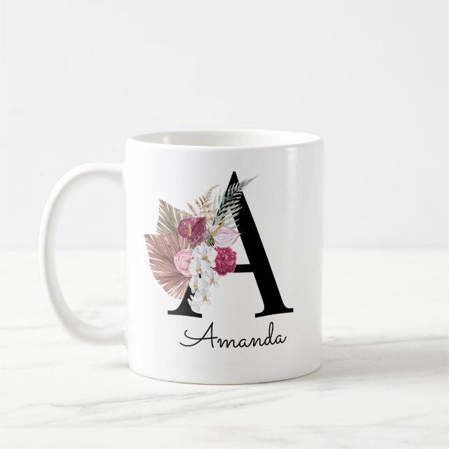 Mug Lettre initiale A florale rose moderne  (Gauche)