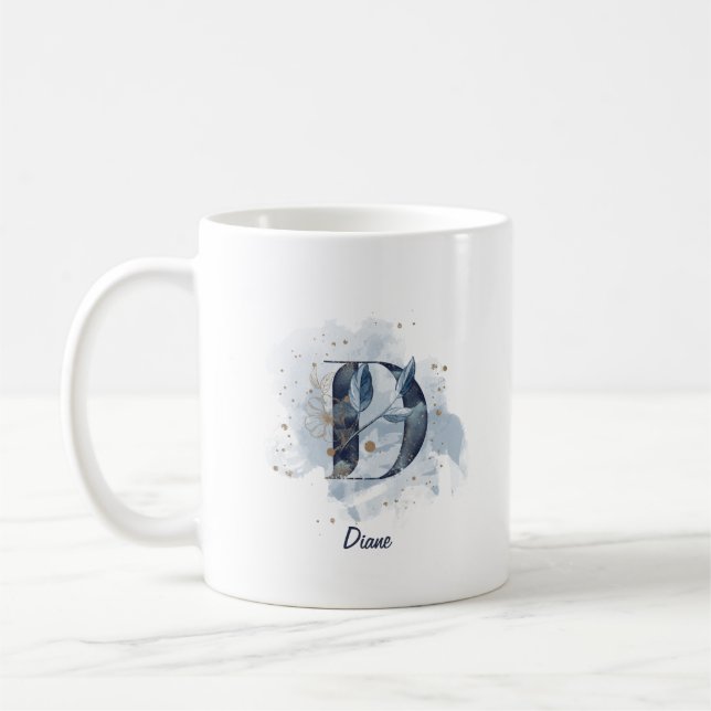 Mug Lettre initiale D personnalisée aquarelle bleue (Gauche)