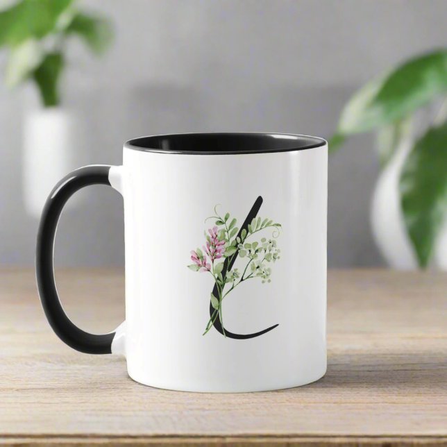 Mug LETTRE INITIALE Élégante L Feuilles botaniques flo (Créateur téléchargé)