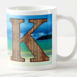 Mug Lettre initiale en bois K Beach Ocean Scene