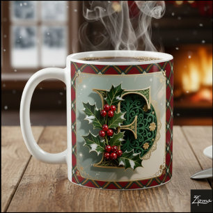 Mug Lettre initiale F de Noël en or élégant au houx