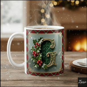 Mug Lettre initiale G de Noël en or élégant au houx