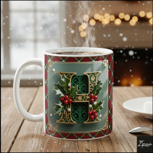 Mug Lettre initiale H de Noël en or élégant au houx