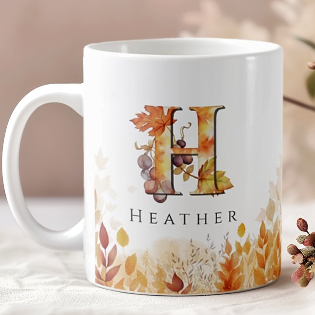 Mug Lettre initiale H Feuilles automnales Monogrammes (Créateur téléchargé)
