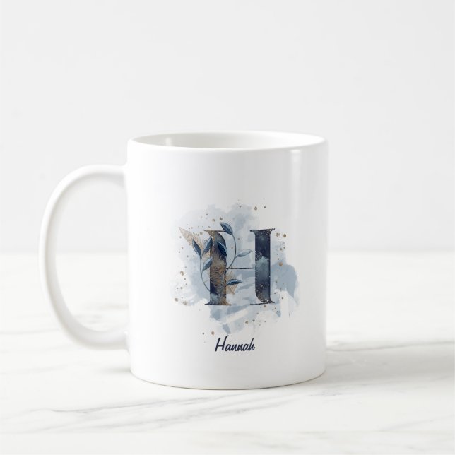 Mug Lettre initiale H personnalisée aquarelle bleue (Gauche)