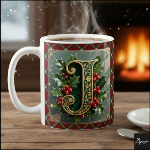 Mug Lettre initiale J de Noël en or élégant au houx