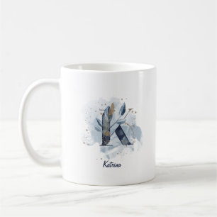 Mug Lettre initiale K personnalisée aquarelle bleue
