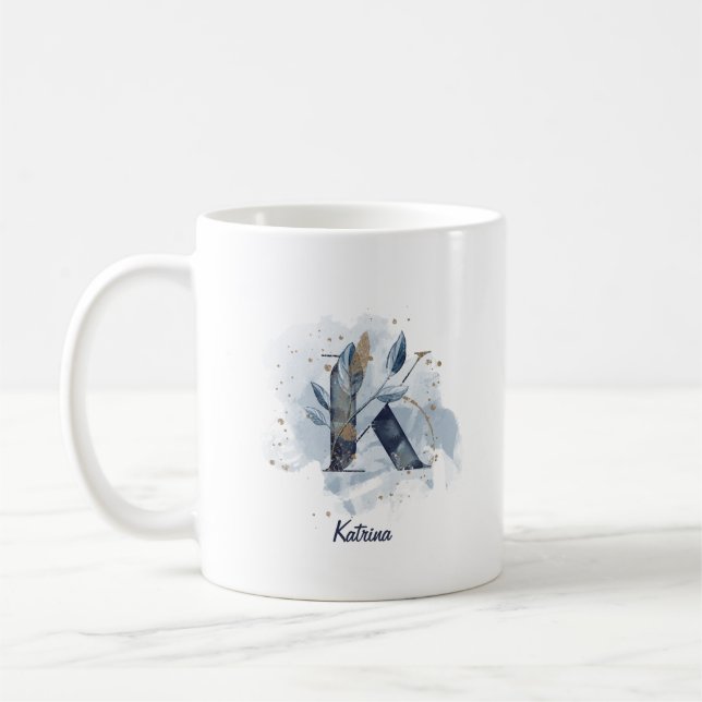 Mug Lettre initiale K personnalisée aquarelle bleue (Gauche)