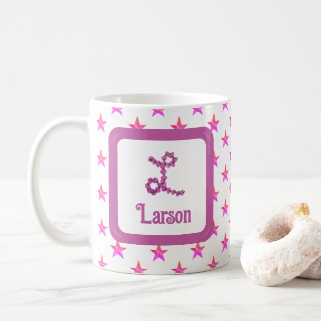 Mug LETTRE INITIALE L ÉTOILES Fleur rose Monogramme (Avec donut)