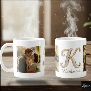 Mug Lettre initiale luxe cursive or blanc K + 2 PHOTO