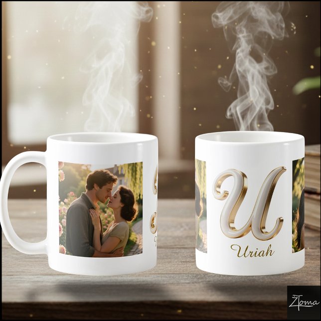 Mug Lettre initiale luxe cursive or blanc U + 2 PHOTO (Créateur téléchargé)