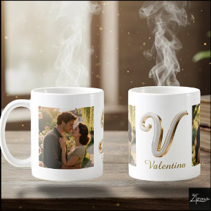 Mug Lettre initiale luxe cursive or blanc V + 2 PHOTO