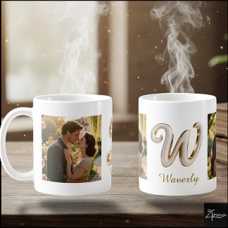 Mug Lettre Initiale Luxueuse Or Blanc W + 2 PHOTO