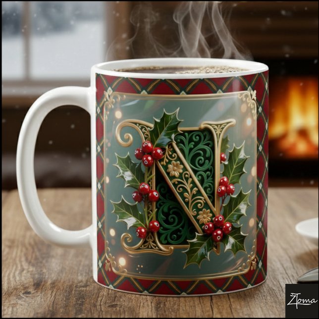Mug Lettre initiale N de Noël en or élégant au houx (Créateur téléchargé)